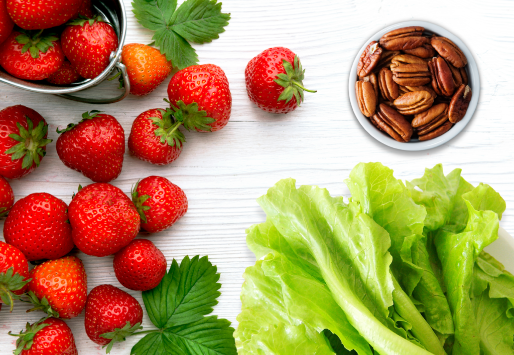 strawberries pecans and romaine - Summer Layered Chicken Salad
